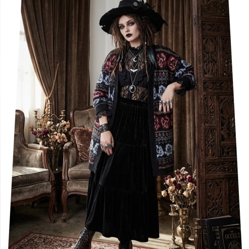 Knox Rose Nordic Goth Cardigan Scandi Boho Sweater Black Floral M Soft Knit